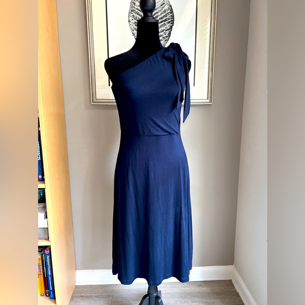 LOFT one shoulder blue jersey dress.